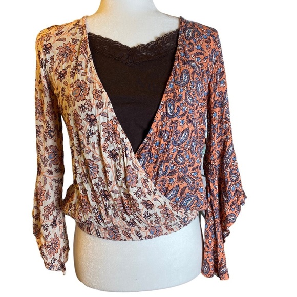 Willow Root wrap style deep V boho‎ bell sleeve blouse XS - Picture 1 of 9